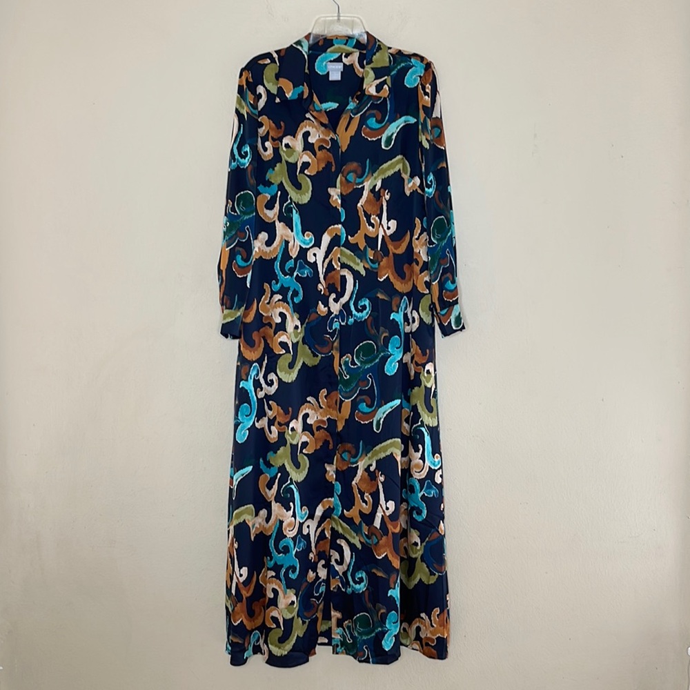 Chico’s Navy Scroll Print Maxi Long Sleeve Shirt Pockets Dress Size 2 / 12